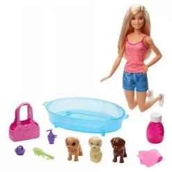 Barbie Blonde And Set 3 Puppies. Bathtub And Accessories